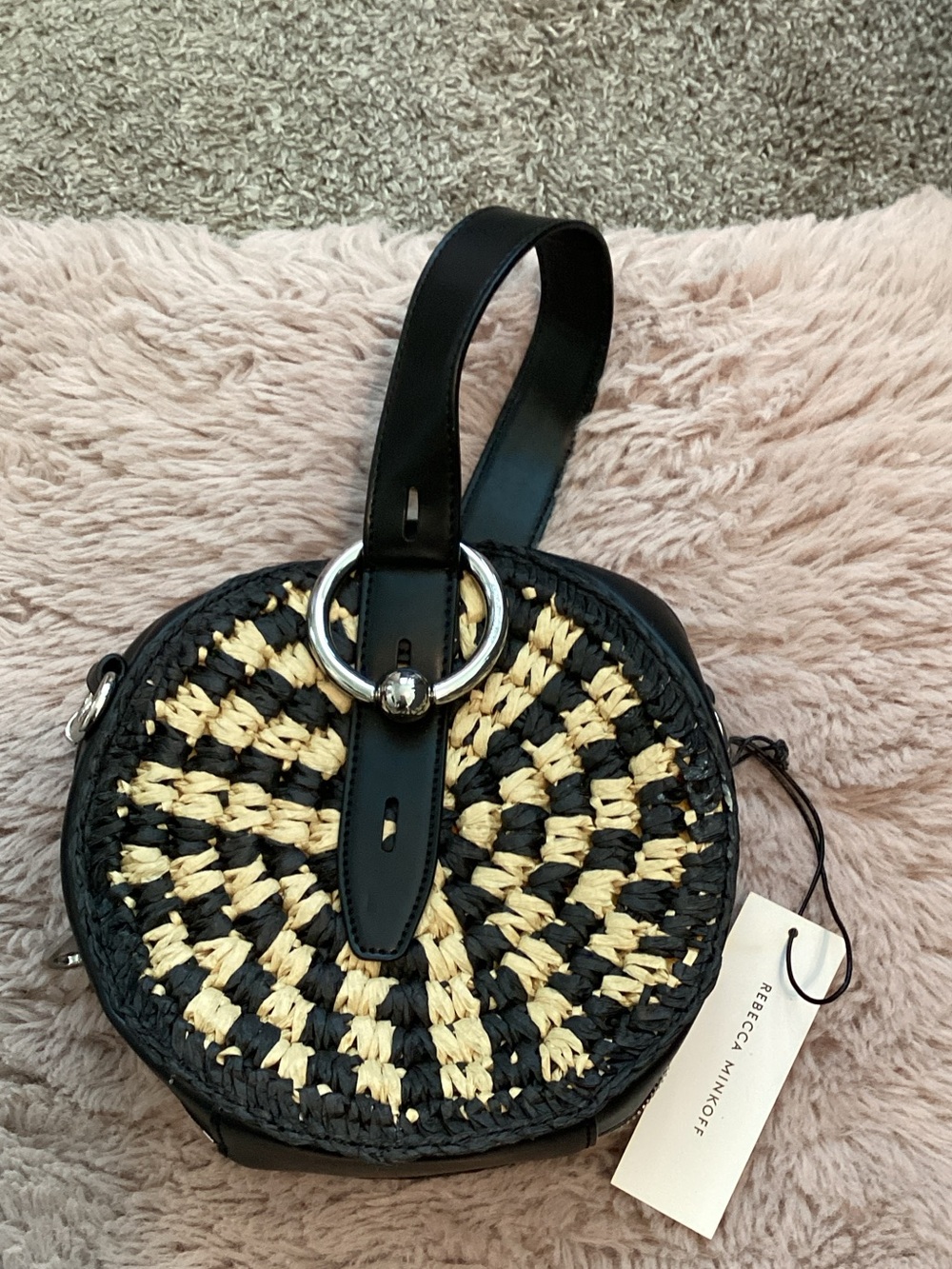Rebecca Minkoff Black and Natural Round Woven Crossbody